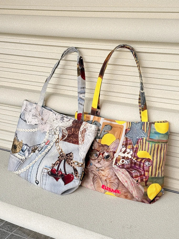 Women's Vintage Patchwork Canvas Tote Bag, Lace Bow Heart & Cat Print Large Capacity Shoulder Handbag