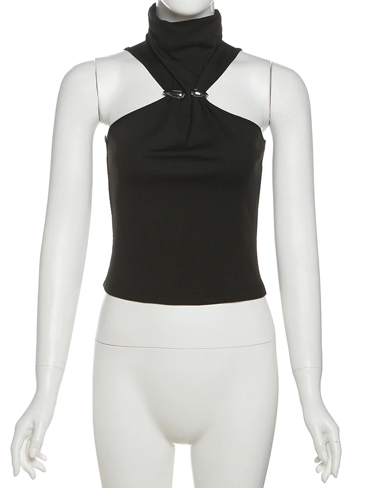 Sexy High Neck Vest Women Metal Rings Skinny Summer Fashion Street Versatile Simple Classic Hottie Midnight Tank Tops