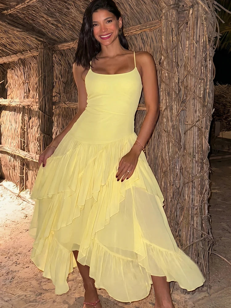 High Street Dress Woman Ruched Elegant Sling Summer Trend Low-Neck Backless Irregular Ruffles Hem Fashion Long Bodycon