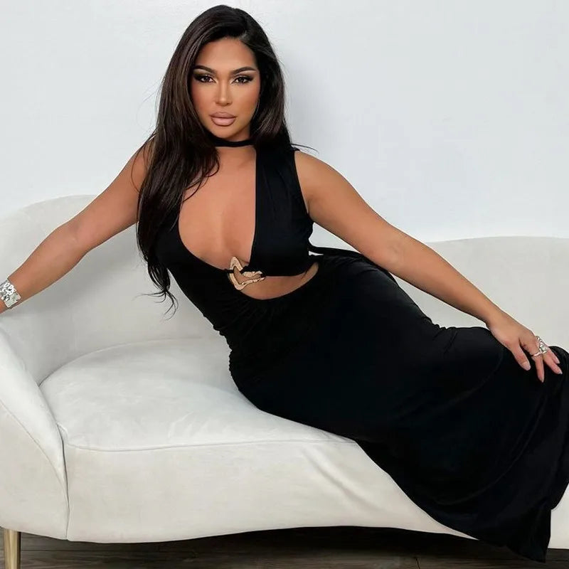 Hardwear Detail Hollow Deep V Sleeveless Long Dresses for Women Sexy Black Party Dress