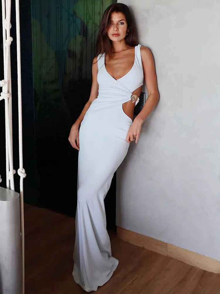 Hollow Out Backless Sexy Maxi Dress Women Gown Fashion Metal Flower V Neck Sleeveless Bodycon Club Party Long Dress