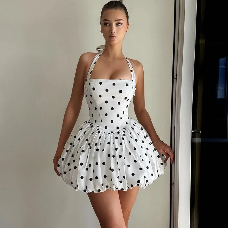 Vintage Polka Dot Printed Halter Backless Short Dresses Summer Outfit Woman A Line Elegant Dresses