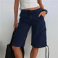 Women's Y2K Low Waist Cargo Bermuda Shorts Drawstring Tie Hem Knee Length Pants with Pockets Casual Loose Fit Streetwear