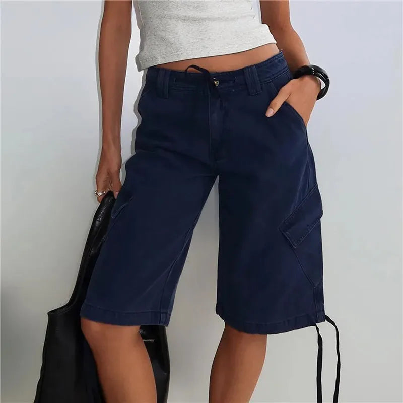 Women's Y2K Low Waist Cargo Bermuda Shorts Drawstring Tie Hem Knee Length Pants with Pockets Casual Loose Fit Streetwear
