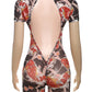 Backless Playsuit Women See Through Shorts Sleeve Peach Buttocks Summer Trend Aesthetic Print Midnight Club Romper
