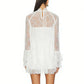 Women Elegant Lace Sheer Mesh Mini Dress High Neck Long Sleeve Flounce Hem A Line Dress for Wedding Guest Nightclub