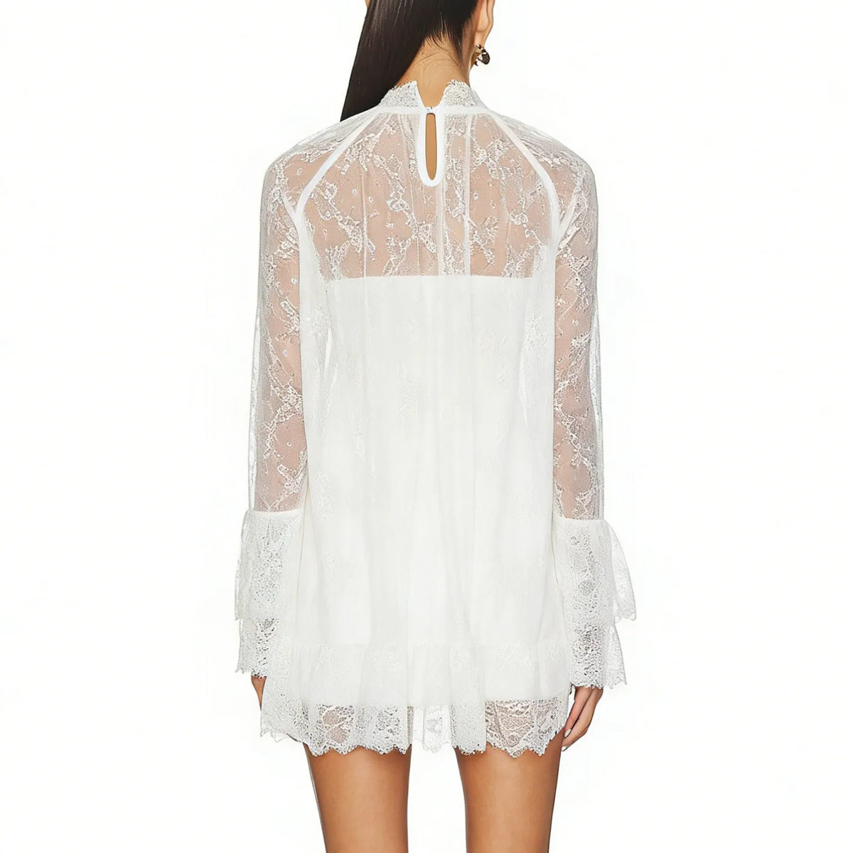 Women Elegant Lace Sheer Mesh Mini Dress High Neck Long Sleeve Flounce Hem A Line Dress for Wedding Guest Nightclub