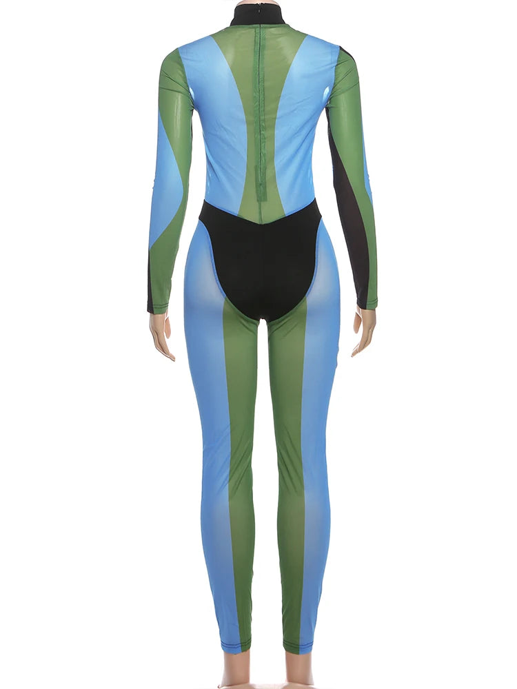 Colorful Print Jumpsuits Woman Turtleneck Full Sleeve Sexy See Through Skinny Peach Hip Hottie Street Fashion Overalls