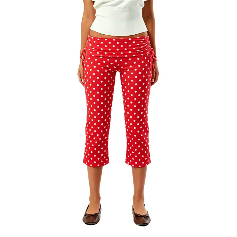 Women Y2K Trendy Low Waist 3/4 Length Capri Trouser Fold Over Waist Tie Side Drawstring Slim Fit Streetwear Lounge Pants
