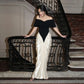 Off Shoulder Pleated Split Long Dresses Satin White and Black Patchwork Elegant Sexy Party Dresses for Woman