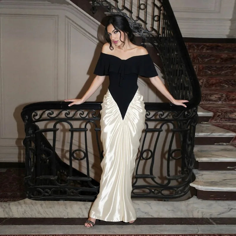 Off Shoulder Pleated Split Long Dresses Satin White and Black Patchwork Elegant Sexy Party Dresses for Woman
