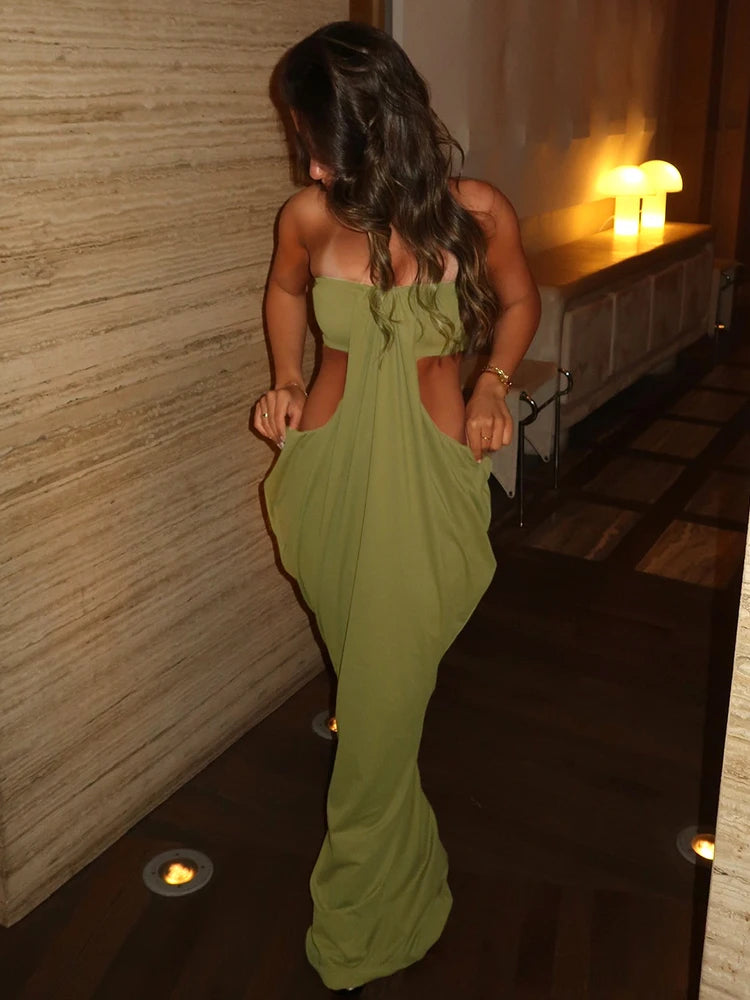 Elegant Hollow Dress Women Solid Patchwork Sleeveless Backless Ruched Stretch Gown Midnight Prom Party Long Bodycon