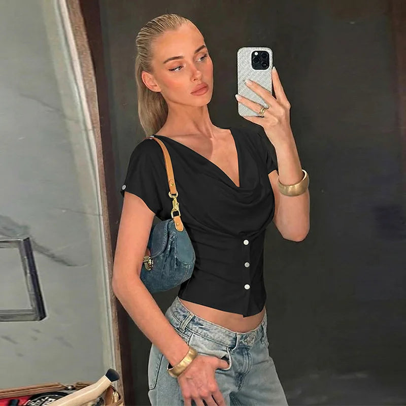 Button Cowl Neck Short Sleeve Summer Tops for Women Clothes Fashion 2026 Womans Shirts