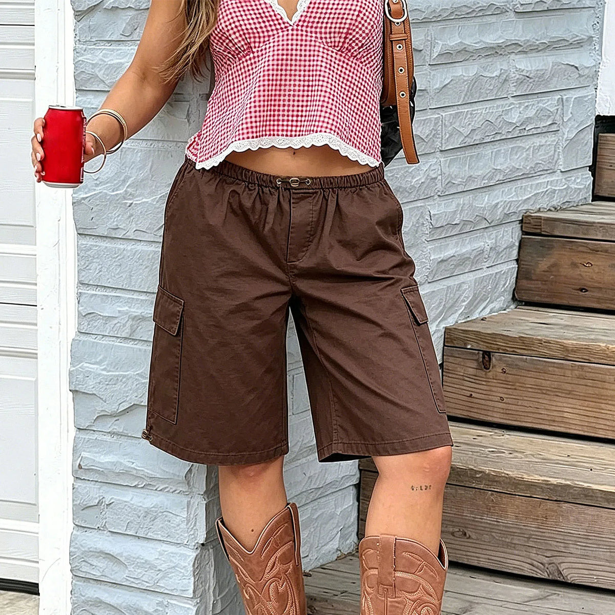 Women's Knee Length Cargo Shorts Elastic Drawstring Waist Loose Fit Bermuda Capris with Pockets Casual Streetwear Summer