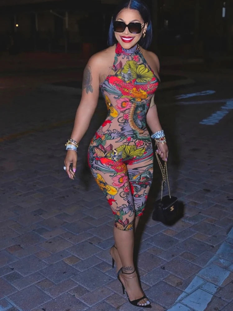 Sexy Print Halter Romper Women Bandage Summer Colorful Hipster Backless Activity Workout Fit Tight Stretch Playsuits