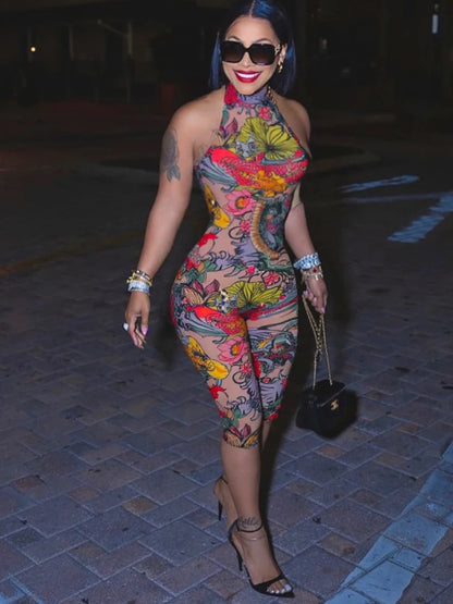 Sexy Print Halter Romper Women Bandage Summer Colorful Hipster Backless Activity Workout Fit Tight Stretch Playsuits