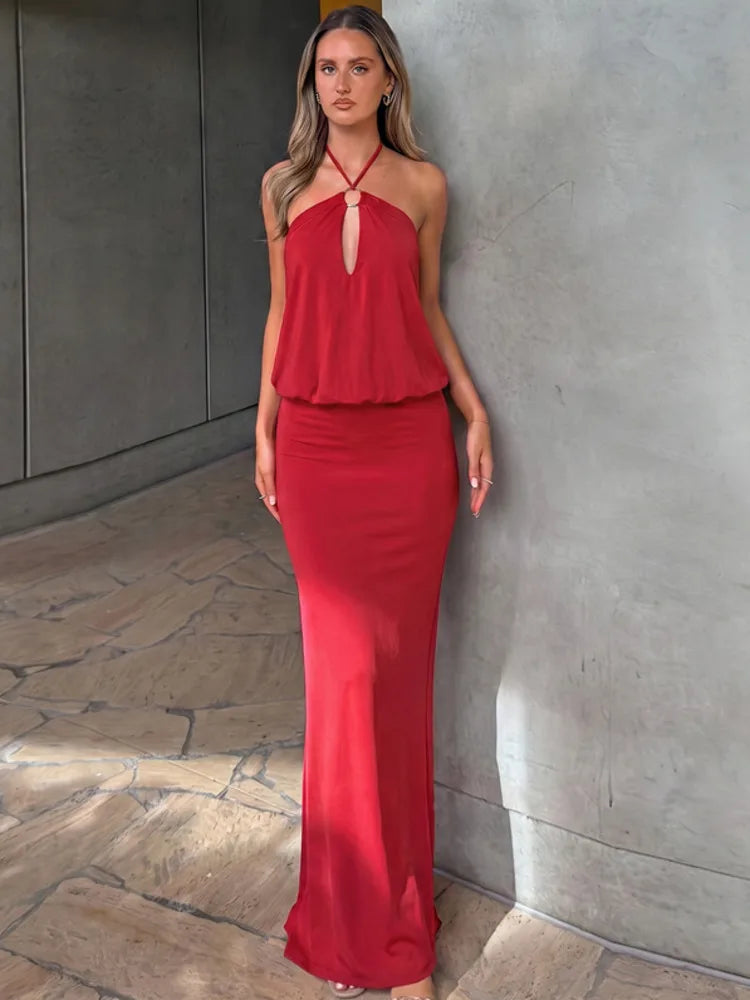 Women Halter Neck O‑Ring Keyhole Sexy Maxi Dress Sleeveless Blouson Bodycon Floor‑Length Evening Party Long Gown