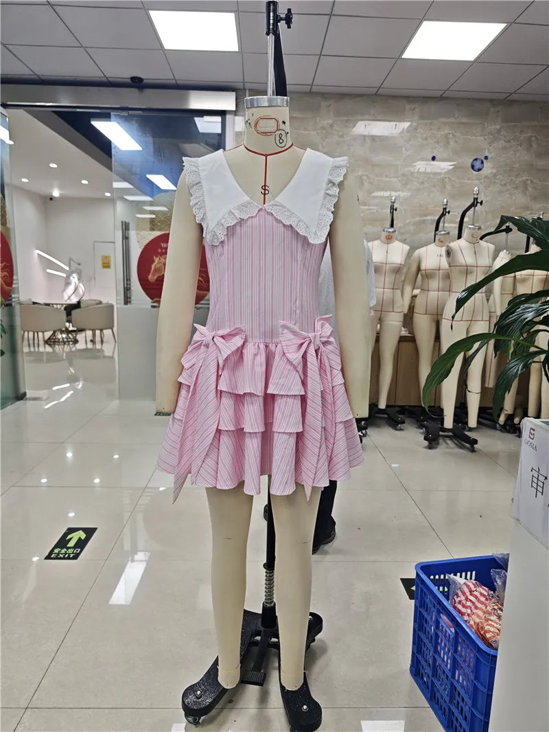 Eyelet Lace Peter Pan Collar Striped Mini Dress Women Sleeveless Bow Tiered Ruffle Cake Dress Holiday Party Short Dress
