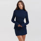Dark Blue Two Pocket Sexy Mini Dress For Women 2023 Autumn Winter New Long Sleeve Bodycon Club Party Dress Elegant