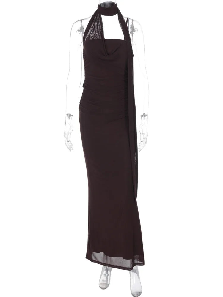 Halter Off-shoulder Sexy Maxi Dress For Women Coffee Strapless Sleeveless Backless Bodycon Club Party Long Dresses