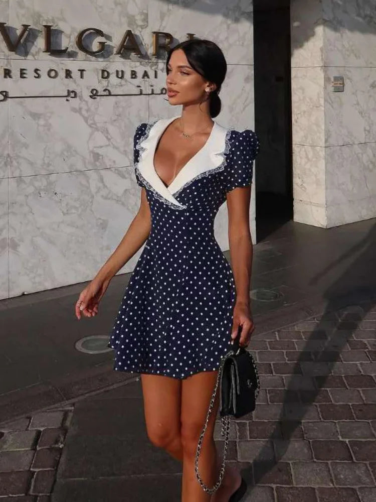 Floral Summer Dress Puff Sleeve V Neck Short Dresses Elegant Woman Clothing