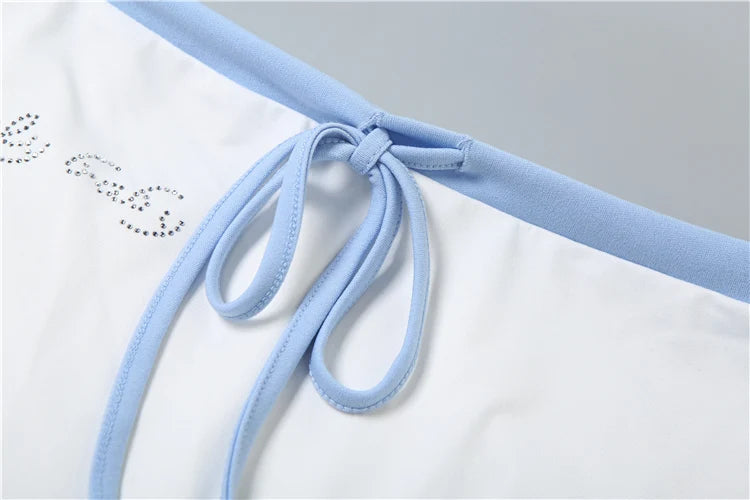 Letter Print 2 Piece Set Women Halter Bandage Crop Tops+Drawstring Stretch Flare Pants Vacation Casual Simple Suits