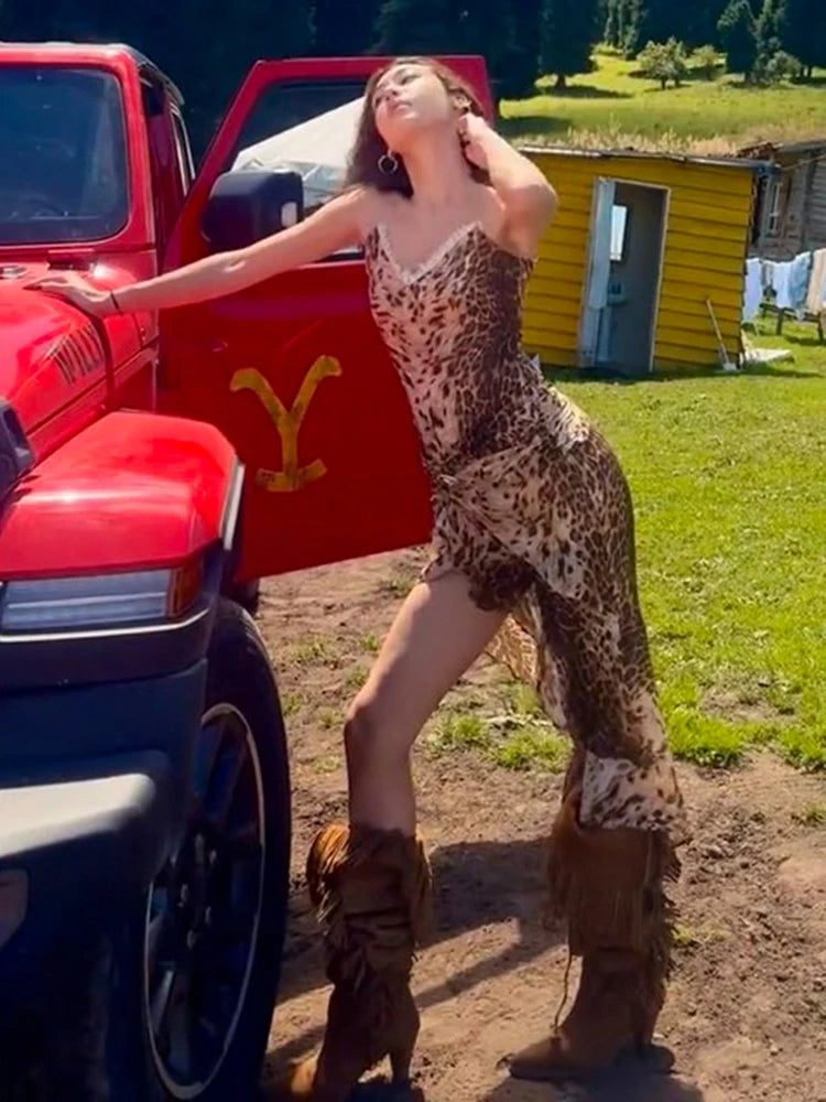 Sexy Leopard Slip Dress Women Irregular Seashell Ruched Tail Swing Skinny Club Beach Vacation Music Festival Bodycon