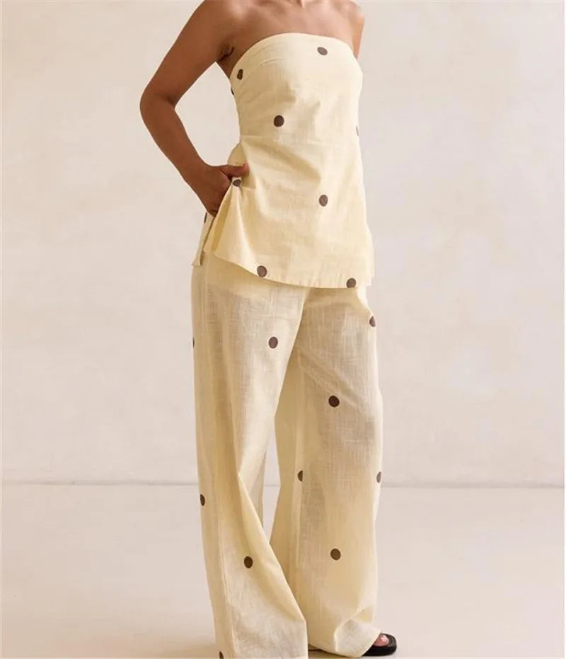 Fashion Polka Dot 2 Piece Outfits for Women Double Slit Strapless Tube Top + Baggy Wide Leg Pants Set Summer Streetwear