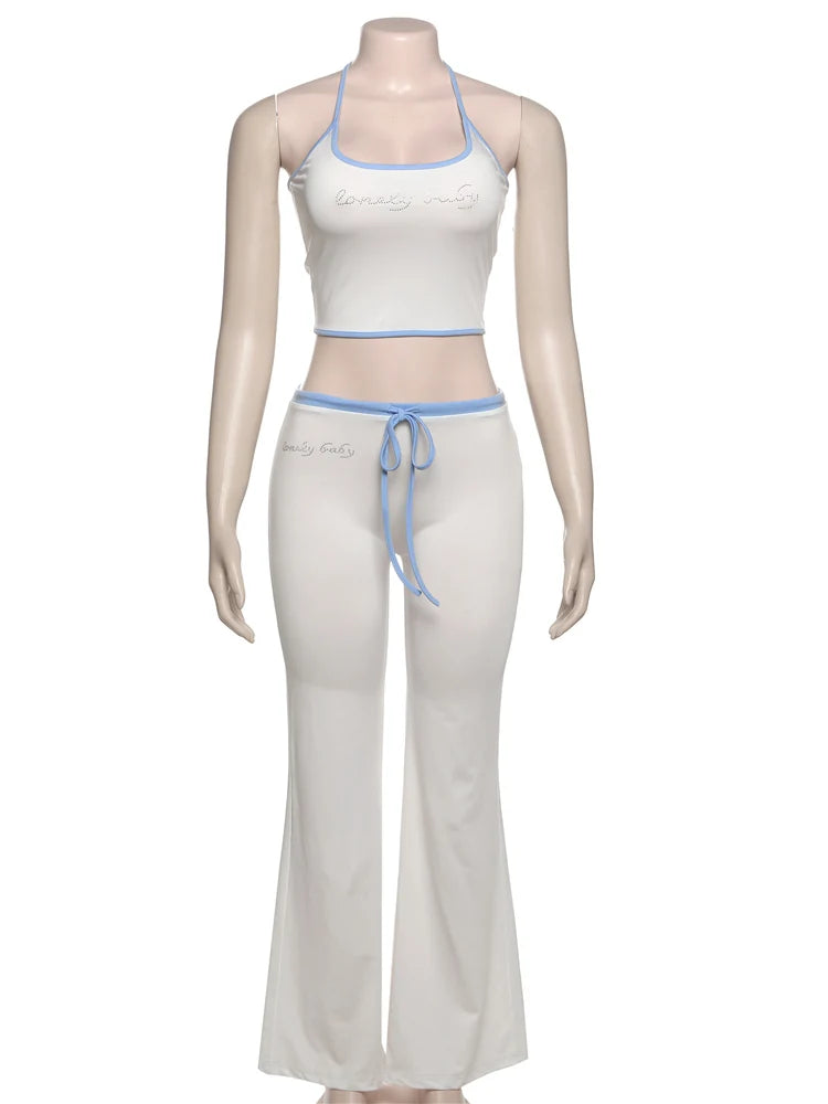 Letter Print 2 Piece Set Women Halter Bandage Crop Tops+Drawstring Stretch Flare Pants Vacation Casual Simple Suits