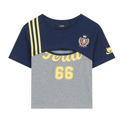 Jersey Style Cropped Top, Number 10/66 Print Sporty Tee, Layered Short Sleeve T-shirt for Women