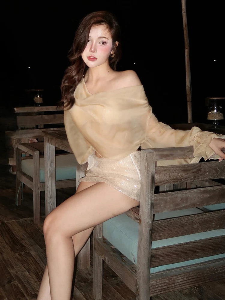 Chic See Through 2 Piece Set Women Y2K Bat Long Sleeve Crop Top+Sequins Applique Skirt Skinny Street Party Sexy Clubwear