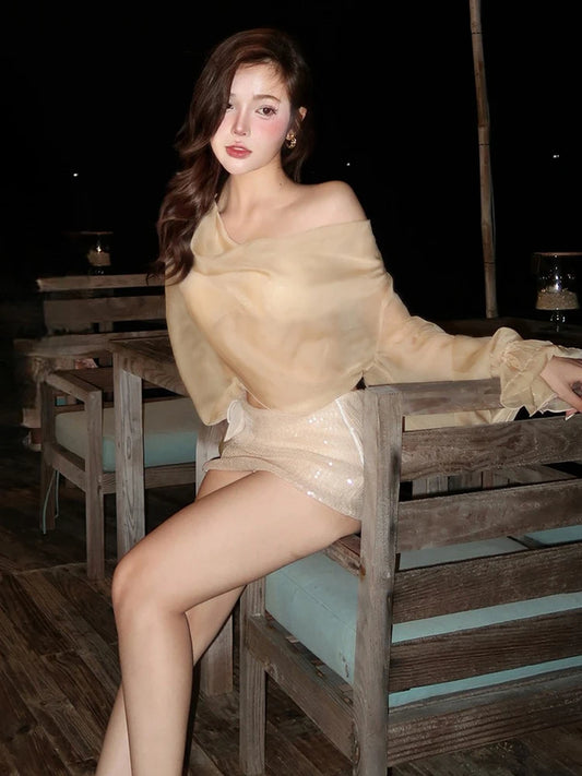 Chic See Through 2 Piece Set Women Y2K Bat Long Sleeve Crop Top+Sequins Applique Skirt Skinny Street Party Sexy Clubwear