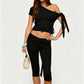 Off Shoulder Tie Detail Crop Top and Tie Waist Capri Pants 2 Piece Set Women Y2K Casual Matching Loungewear Outfit