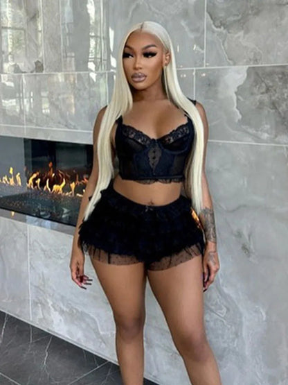 Mesh Patchwork 2 Piece Set Women Low-Neck Sexy Backless Crop Tops+Ruched Tierred Skirts Midnight Club Party Outfits