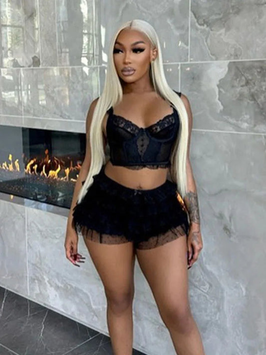 Mesh Patchwork 2 Piece Set Women Low-Neck Sexy Backless Crop Tops+Ruched Tierred Skirts Midnight Club Party Outfits