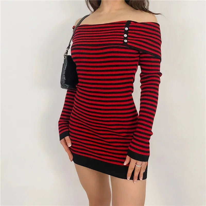 Y2K Women Striped Knit Bodycon Dress Off The Shoulder Long Sleeve Button Detail Slim Fit Mini Dress Night Party Clubwear