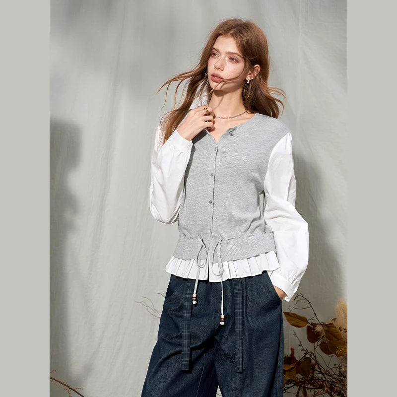 Women's Contrast Patchwork Cardigan with Drawstring Waist, Round Neck Long Sleeve Casual Top for Everyday Wear