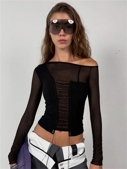 Shirring Slash Neck T-Shirt Women Autumn Mesh Patchwork Full Sleeve Sexy Simple Fashion Skinny Party Street Crop Tees