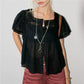 Women Boho Square Neck Lace Blouse Puff Short Sleeve Button Front Pleated Loose Cropped Shirt Vintage Cottage Summer Top