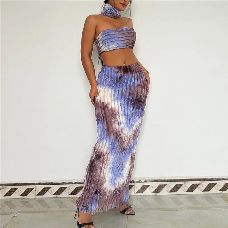 Gradient Print 2 Piece Set Women Patchwork Striped Collar+Strapless Top+Long Skirts Sexy Summer Stretch Matching Suit