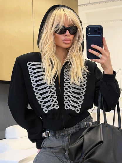 High Street Hooded Corp Jacket Women Fashion Hottie Print Full Sleeve Zip Patchwork Autumn Trend Chic Sporty Outfits