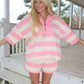 Women's Casual Striped Half Zip Two Piece Outfit Oversized Short Sleeve Top and Elastic Shorts Comfy Loungewear Set