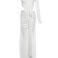 Elegant 2-Piece Set Women One-Sided Sleeve Skew Collar Irregular Folds t-Shirt+High Slit Long Skirt Autumn Suits