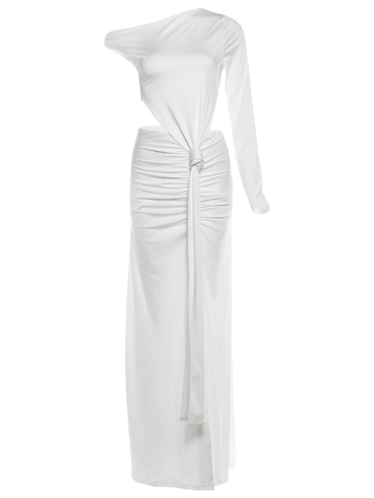 Elegant 2-Piece Set Women One-Sided Sleeve Skew Collar Irregular Folds t-Shirt+High Slit Long Skirt Autumn Suits