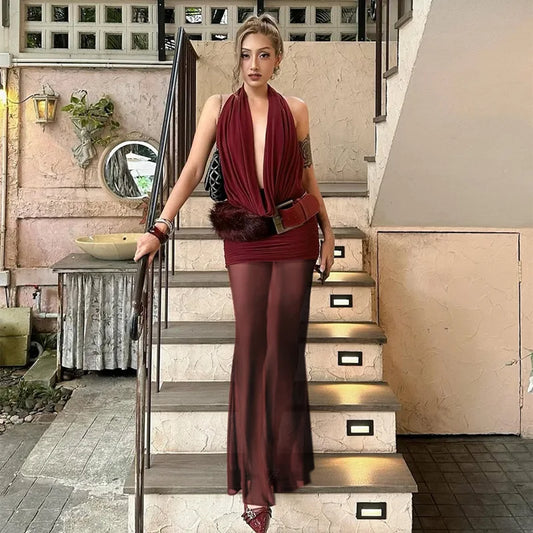 Sexy Summer Maxi Dresses Mesh 2 Piece Set Deep V Neck Backless Dress with Skirt 2026 Woman Clothing