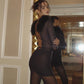 Women 2024 Spring Autumn Long Sleeve Party Club Mesh See Through Bodycon Black Mini Dress