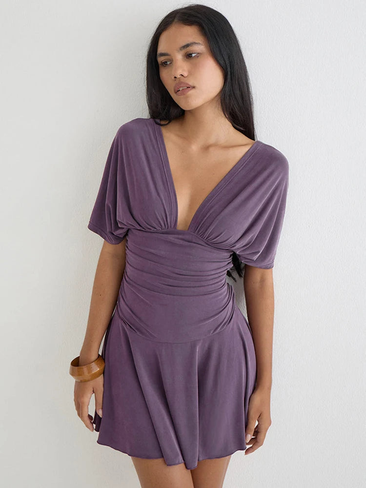 Women Deep V Neck Batwing Short Sleeve Mini Dress Waist Ruched Wrap A‑Line Dress Elegant Casual Party Dresses For Women