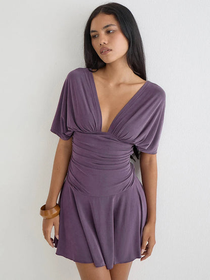 Women Deep V Neck Batwing Short Sleeve Mini Dress Waist Ruched Wrap A‑Line Dress Elegant Casual Party Dresses For Women