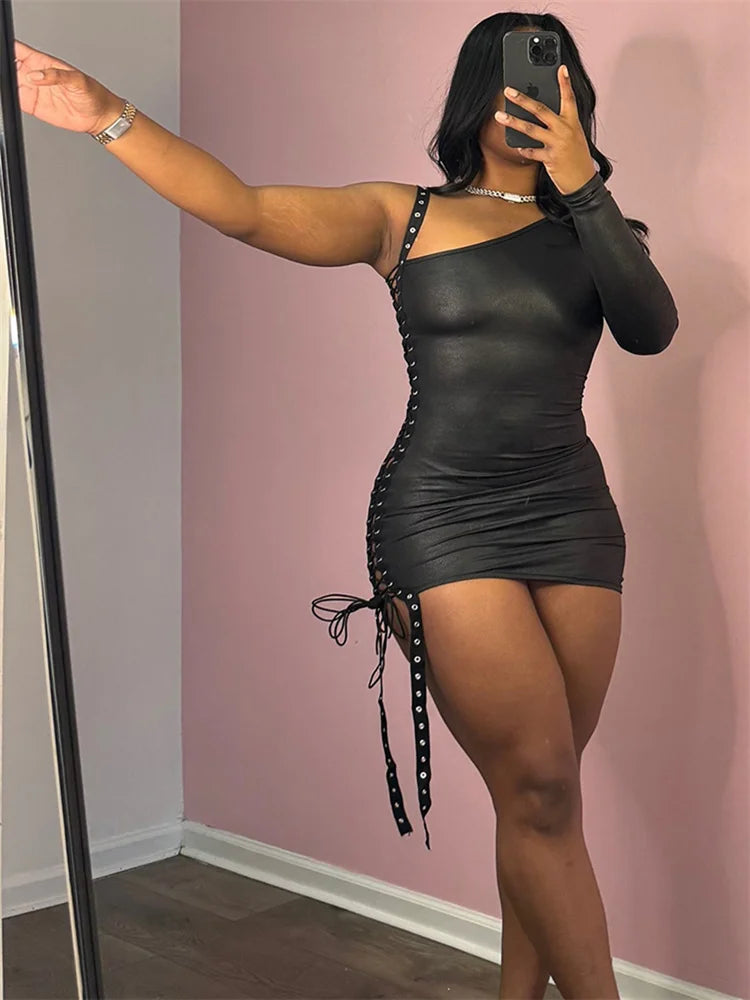 Bandage Hollow Dress Women Irregular Diagonal Collar Backless Single Sleeve Hot Girls Skinny Peach Hip Mini Bodycon