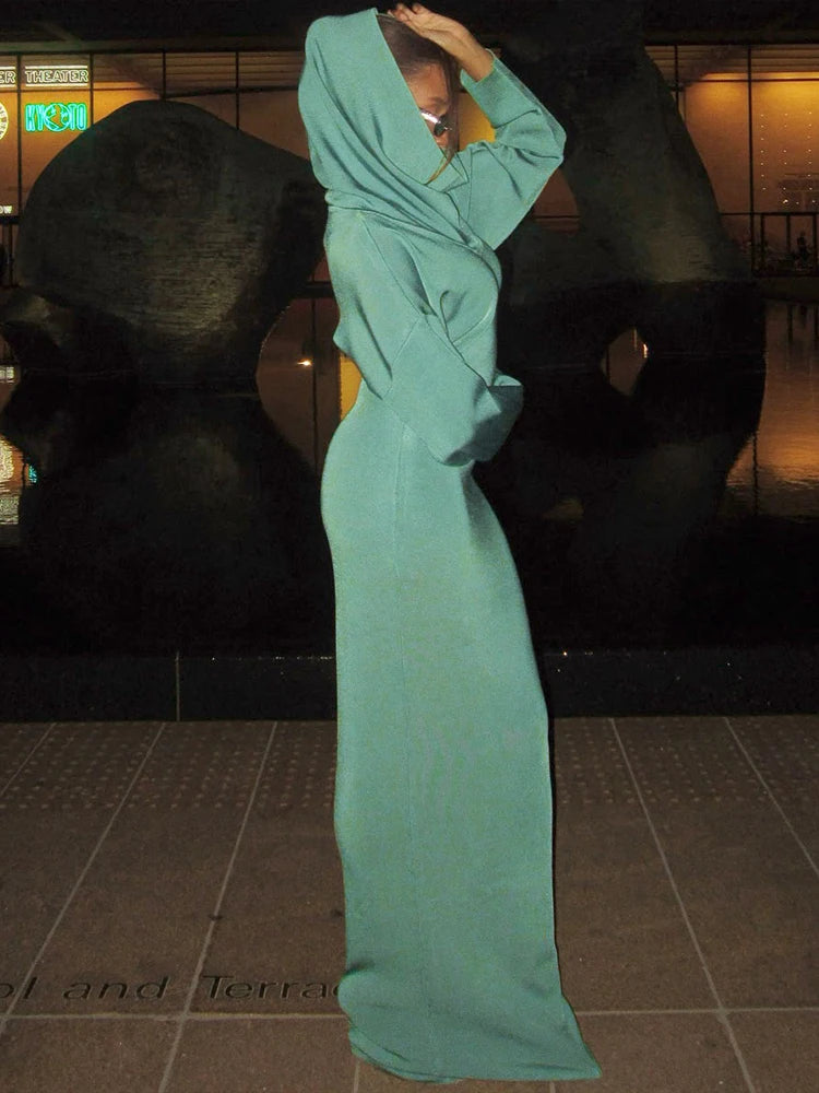 Elegant Sexy Hooded Dress Women Autumn Trend Full Sleeve New Style Simple Solid Christmas Stretch Skinny Maxi Bodycon